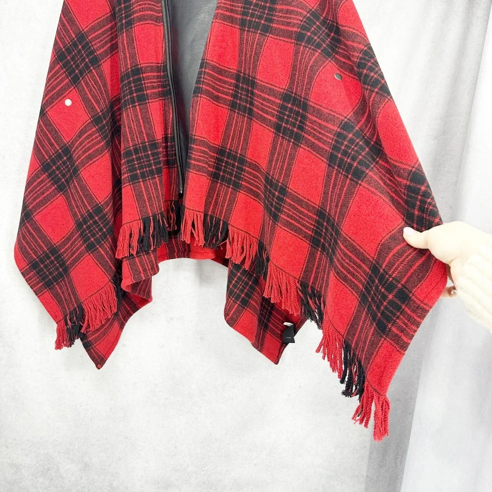 Rock & Republic Red Black Plaid Moto Poncho Faux Leather Trim Fringed‎ Size M/L